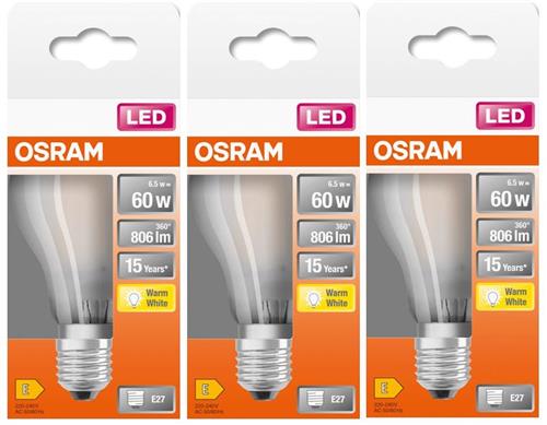 OSRAM LED lamp - Classic A 60 - E27 - filament - mat- 7W - 806 Lumen - warm wit - niet dimbaar - multipack 3 stuks