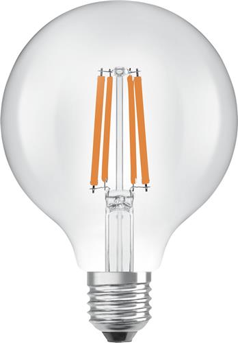 Osram LED lamp in classic Edison shape, with decorative LED filament, energy efficiency class A, E27, 5 W, 1055 lm, 2700 K, warm white. 100% light straight away. Low flickering
