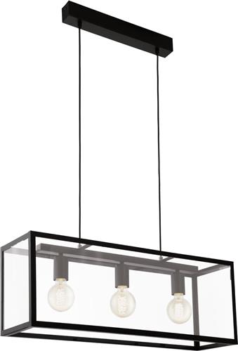 EGLO Charterhouse Hanglamp - 3 Lichts - Lengte 750mm. - Zwart - Helder