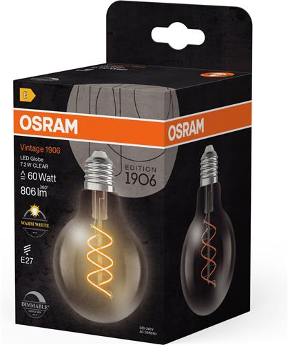 OSRAM Vintage 1906 Globe, warmwitte, dimbare LED-lamp in klassieke bolvorm met spiraalgloeidraad, biedt 7,2 W voor 806 lm, E27-fitting, helder gekleurd glas, diameter 80 mm.