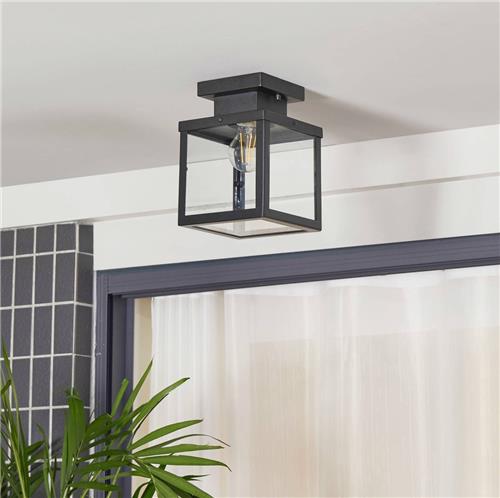 Lindby - plafondlamp - 1licht - roestvrij staal, glas - H: 22 cm - E27 - zwart, transparant