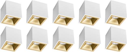Opbouwspot 10 Pack - Pragmi Cliron Pro - GU10 Fitting - Opbouw Vierkant - Mat Wit/Goud - Aluminium - Verdiept - Ø90mm