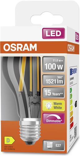 OSRAM 4058075245907 LED-lamp Energielabel D (A - G) E27 Peer 11 W = 100 W Warmwit (Ø x l) 60 mm x 105 mm 1 stuk(s)