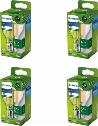 Philips Voordeelverpakking - E27 - Ultra Eficient - LED Standaardlamp - Helder - 60W - Niet Dimbaar - Wit Licht - Set van 4 Stuks
