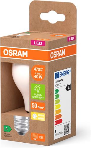 OSRAM LED Superstar Classic LED-lamp A 40 in klassieke bolvorm van matglas, 2,2 W, 470 lm, E27 fitting, 2700 K voor warm wit licht, EEK A, diameter 60 mm.