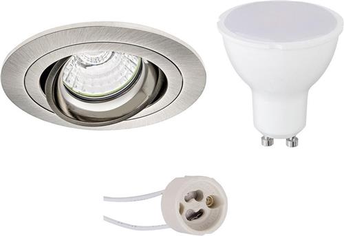 LED Spot Set - Pragmi Alpin Pro - GU10 Fitting - Inbouw Rond - Mat Nikkel - 4W - Helder/Koud Wit 6400K - Kantelbaar - Ø92mm