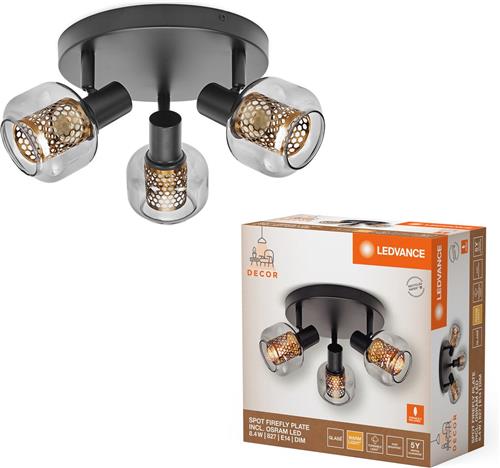 LEDVANCE Decor Spot Firefly Leuchte schwarz im Industrial Style, 3 x 2.8 W, 750 lm, 2700 K, Gehäuse aus Metall und Glas, E14 Fassung, einfache Montage, dimmbare OSRAM Lampe inklusive