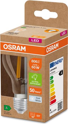 OSRAM LED SUPERSTAR+ CLASSIC A FIL 60 LED-Lampe, E27, klassische Kolbenform, 3,6W, 806lm, 4000K, kaltweißes Licht, lange Lebensdauer, bis zu 60% Energieeinsparung im Vergleich zu Standard LED-Lampen
