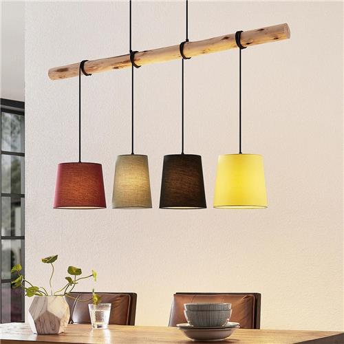 Lindby - Hanglamp - 4lichts - Textiel, hout - E27 - rood, grijs, zwart, geel, licht hout