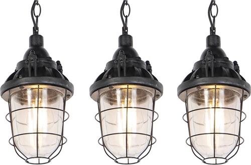 QAZQA cabin - Industriele Hanglamp - 3 stuks - Ø 170 mm - Zwart - Industrieel - Woonkamer