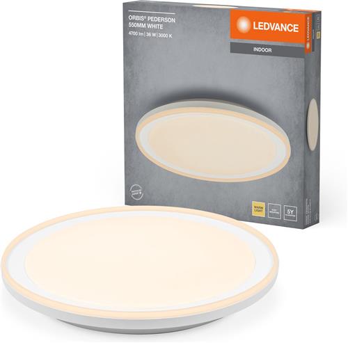 LEDVANCE ORBIS Pederson LED plafondlamp met kunststof ring, wit, 36W, 2600lm, 3000K, 830 vriendelijk warm wit, 550mm diameter, IP20 bescherming, inclusief montageschroeven en pluggen