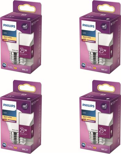 Philips Voordeelverpakking - E27 - LED Kogellamp - Mat - 25W - Niet Dimbaar - Warmwit Licht - Set van 4 Stuks