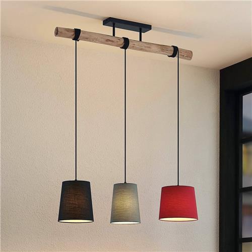 Lindby - Hanglamp - 3lichts - hout, stof, ijzer - E27 - hout natuur, rood, groen, zwart