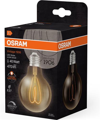OSRAM Vintage 1906 Globe, warmwitte, dimbare LED-lamp in klassieke bolvorm met gloeidraad, biedt 4,9 W voor 470 lm, E27 fitting, goudkleurig glas, 80 mm diameter, 2200 K, EEK F.