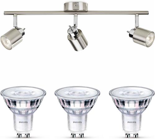 Philips Meranti Opbouwspot (Mat Chroom) - Warmwit Licht - Plafondspot met 3 Lichtpunten - GU10 - SceneSwitch - Eenvoudig Dimbaar met Je Klassieke Schakelaar