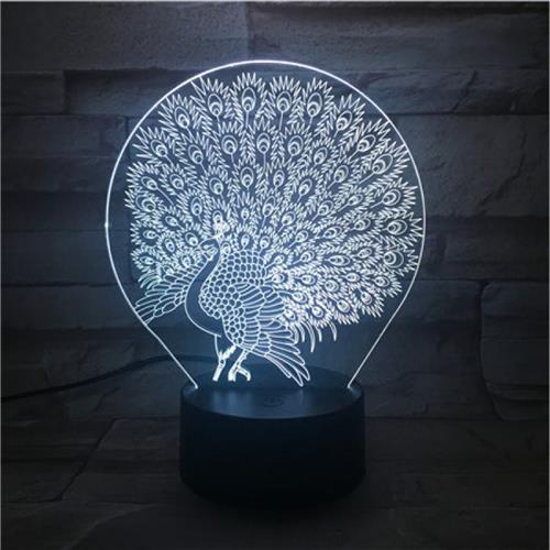3D Led Lamp Met Gravering - RGB 7 Kleuren - Pauw