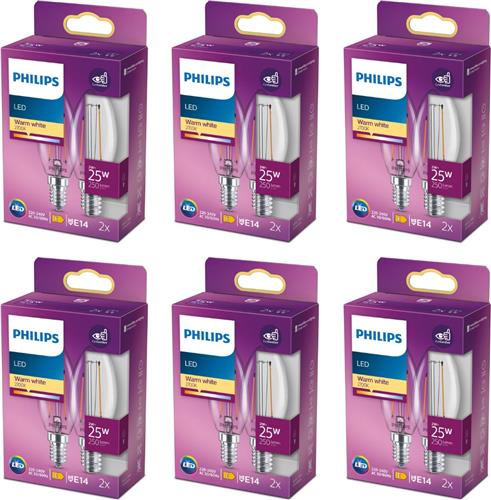 Philips Voordeelverpakking - E14 - LED Kaarslamp - Helder - 25W - Niet Dimbaar - Warmwit Licht - Set van 12 Stuks