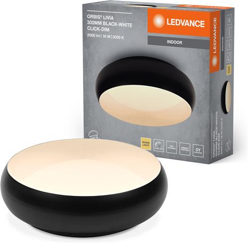 LEDVANCE ORBIS Livia LED plafondlamp met metalen ring, zwart en wit, 16W, 1000lm, 3000K, 300mm, 830 vriendelijk warm wit, dimbaar in 3 niveaus door te klikken, IP20, inclusief montageschroeven en pluggen