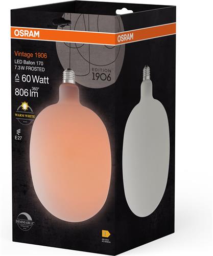 OSRAM Vintage 1906 Balloon, dimbare LED-lamp met ballonvormige gloeidraad, biedt 7,3 W voor 806 lm, E27 fitting, mat glas, 170 mm diameter, kleurweergave CRI 80, 2700 K, EEK E.