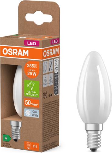 Osram LED lamp in classic Edison shape, with decorative LED filament, energy efficiency class A, E27, 2.2 W, 470 lm, 4000 K, cool white. 100% light straight away, with no warming up. Low flickering