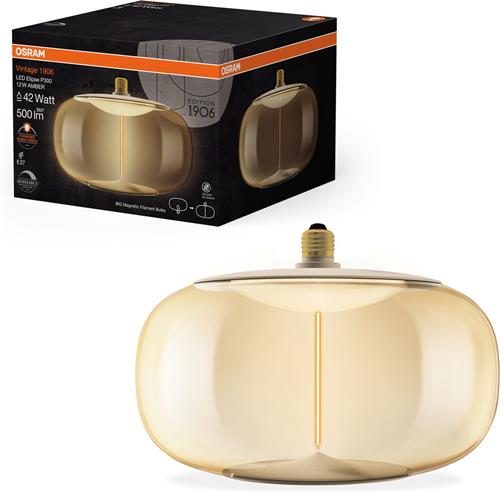 OSRAM Vintage 1906 Big Elipse, dimbare LED-lamp gemaakt van kunststof met gloeidraad in de vorm van een ellips, biedt 12 W voor 500 lm, E27 fitting, amberkleurig ontwerp, 300 mm diameter, CRI 80, 1800 K.