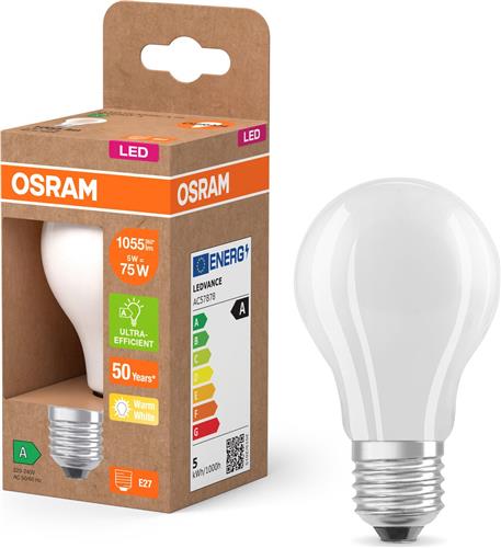 OSRAM LED Superstar Classic LED-lamp A 75 in klassieke bolvorm van matglas, 5 W, 1055 lm, E27 fitting, 2700 K voor warm wit licht, EEK A, diameter 60 mm.