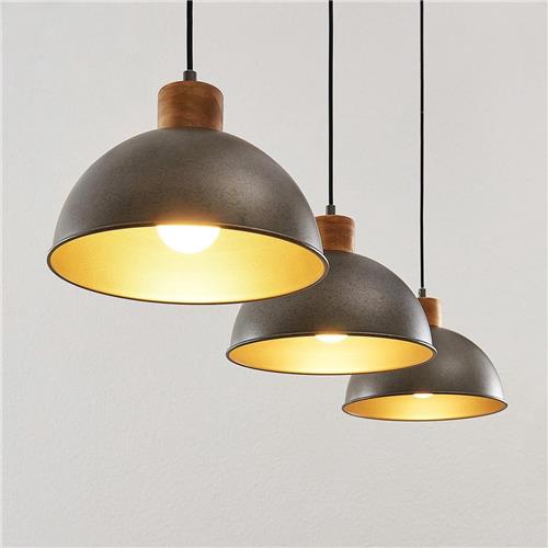 Lindby - hanglamp - 3lichts - Ijzer, hout - E27 - metallic groen, licht hout