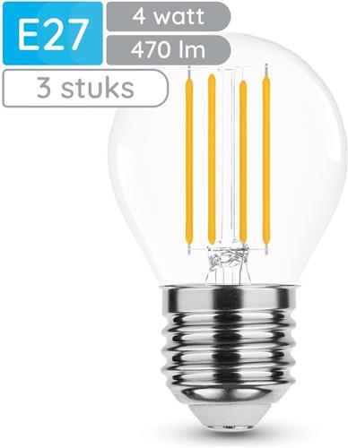 Modee E27 LED Lamp 4W - 470lm - 2700K - Warm Wit - LED Filament Globe Mini P45 - Vervangt 40W Halogeen Gloeilamp - 3 stuks