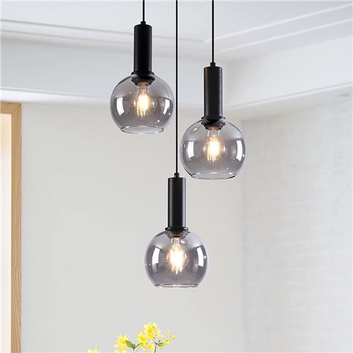 Zwarte hanglamp met smoke glas, 3-lichts - Imme
