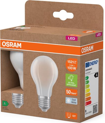 OSRAM Energy Class LED-lamp in klassieke gloeilampvorm, 7,2 W / 1521 lm, EEK A, koud wit licht (4000 K), CRI 80, gemaakt van mat loodvrij glas, E27 fitting, IP20, 60 mm diameter.
