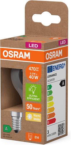 OSRAM Energy Class LED-lamp in klassieke minibolvorm, 2,2 W / 470 lm, EEK A, warm wit licht (2700 K), CRI 80, gemaakt van helder gekleurd loodvrij glas, E14 fitting, IP20, 45 mm diameter.