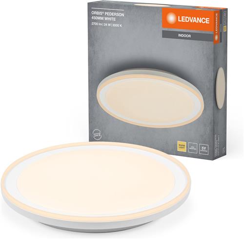 LEDVANCE ORBIS Pederson LED plafondlamp met kunststof ring, wit, 24W, 1450lm, 3000K, 830 vriendelijk warm wit, 450mm diameter, IP20 bescherming, inclusief montageschroeven en pluggen