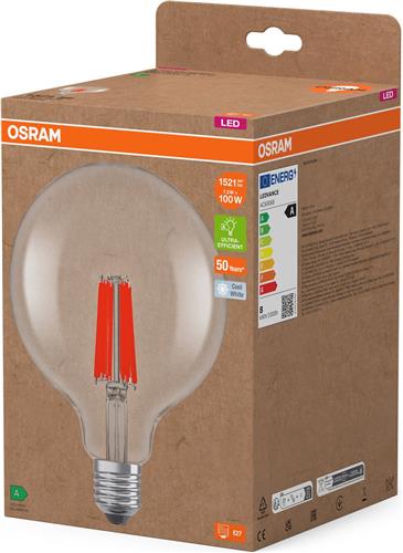 Osram LED lamp in classic globe shape, with decorative LED filament, energy efficiency class A, E27, 2.2 W, 470 lm, 2700 K, warm white. 100% light straight away, with no warming up. Low flickering