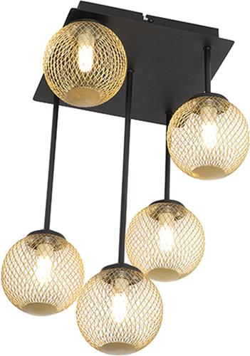 QAZQA athens - Landelijke Plafondlamp - 5 lichts - L 255 mm - Zwart Goud - Woonkamer | Slaapkamer | Keuken