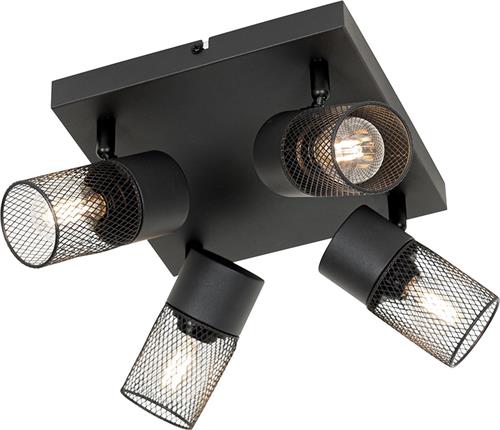QAZQA jim - Industriele Plafondspot | Spotje | Opbouwspot - 4 lichts - L 22 cm - Zwart - Industrieel - Woonkamer | Slaapkamer | Keuken