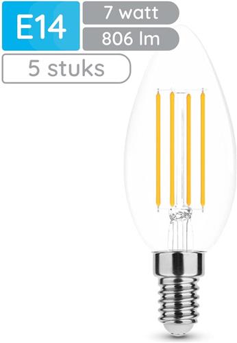 Modee E14 LED Lamp 7W - 806lm - 4000K - Neutraal Wit - LED Filament Kaarslamp B35 - Vervangt 60W Halogeen Gloeilamp - 5 stuks