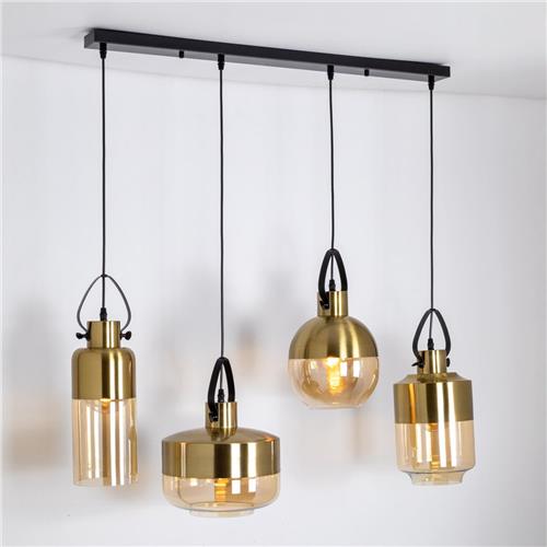 Hanglamp 4-lichts met bronzen details en amber glas - Laure