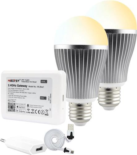 Milight starterspakket 2: 2x E27 Dual White Wifi lamp met Wifi module