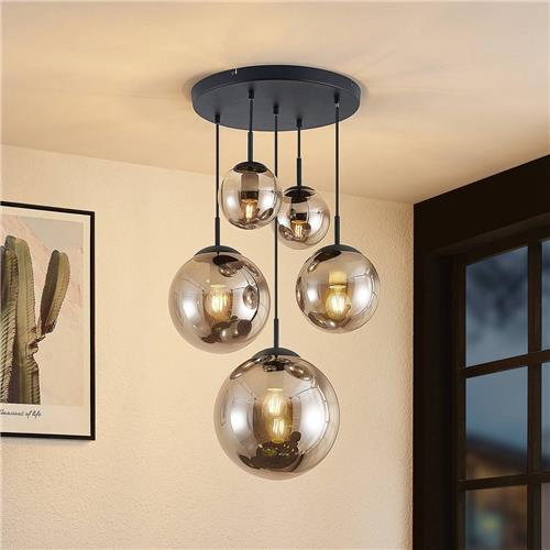 Lindby - hanglamp - 5lichts - glas, staal - E27 - rookgrijs, zwart