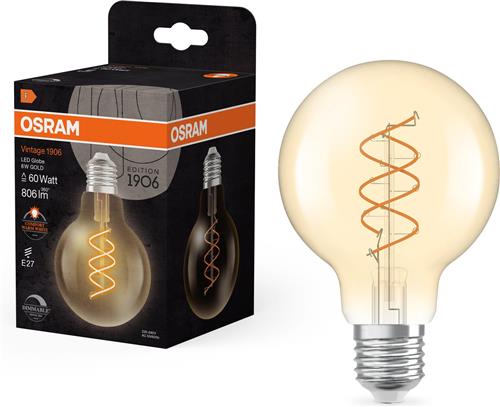 OSRAM Vintage 1906 Globe, warmwitte, dimbare LED-lamp in bolvorm met spiraalvormige gloeidraad, biedt 8 W voor 806 lm, E27-fitting, goudkleurig glas, 80 mm diameter, 2200 K, EEK F.