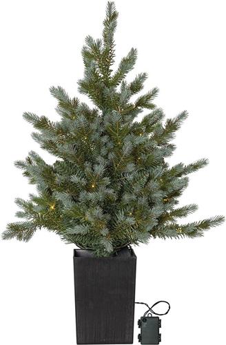 Star Trading Kunstmatige LED Kerstboom Greyland, groen, met zwarte pot, timer, buiten, batterij, warm wit, 95cm