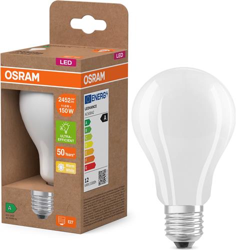 Osram LED lamp in classic mini candle shape, with decorative LED filament, energy efficiency class A, E14, 1.2 W, 255 lm, 2700 K, warm white. 100% light straight away, with no warming up.