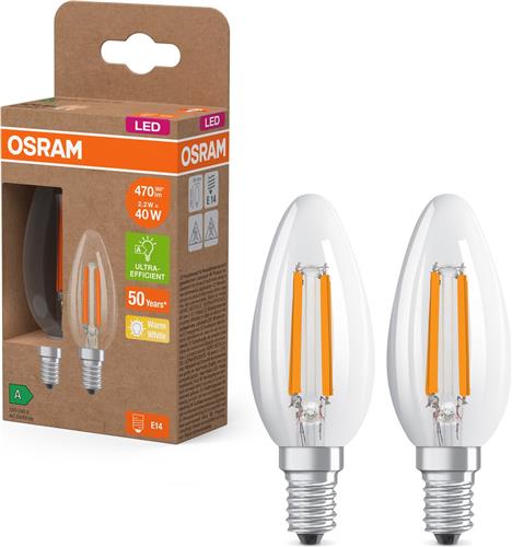OSRAM LED Superstar Classic LED-Lampe B 40 in klassischer Minikerzenform, klarer Glaskörper, 2.2 W, 470 lm, E14 Fassung, warmweißes Licht mit 2700 K, EEK A, 35 mm Durchmesser, 2er-Pack