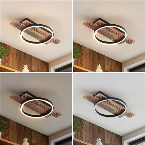 Lindby - LED plafondlamp- met dimmer - 1licht - Aluminium, dennenhout - H: 5.3 cm - Licht hout - Inclusief lichtbron