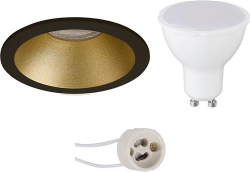 LED Spot Set - Proma Pollon Pro - GU10 Fitting - Inbouw Rond - Mat Zwart/Goud - 4W - Helder/Koud Wit 6400K - Verdiept - Ø82mm