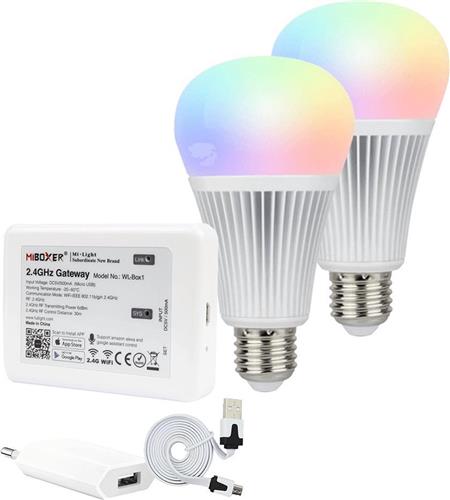 Milight starterspakket 1: 2x E27 RGBWW Wifi lamp met Wifi module Ibox2