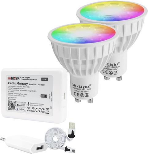 Milight starterspakket 3: 2x GU10 RGBWW Wifi spot met Wifi module