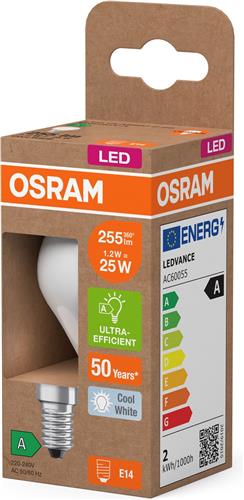 Osram LED lamp in classic miniball shape, with decorative LED filament in frosted design, energy efficiency class A, E14, 1.2 W, 255 lm, 4000 K, cool white. 100% light straight away.