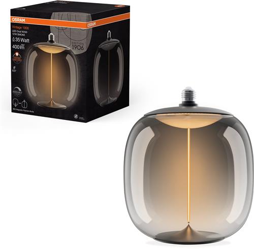 OSRAM Vintage 1906 Big Oval, dimbare, decoratieve lamp gemaakt van kunststof met LED-filamentmagneettechnologie, biedt 12 W voor 400 lm, E27 fitting, smoke design, 250 mm diameter, CRI 80.