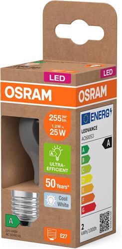 Osram LED lamp in classic miniball shape, with decorative LED filament, energy efficiency class A, E27, 1.2 W, 255 lm, 4000 K, cool white. 100% light straight away, with no warming up.